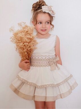 Ivory Tiered Bow-Accent Girls Dress